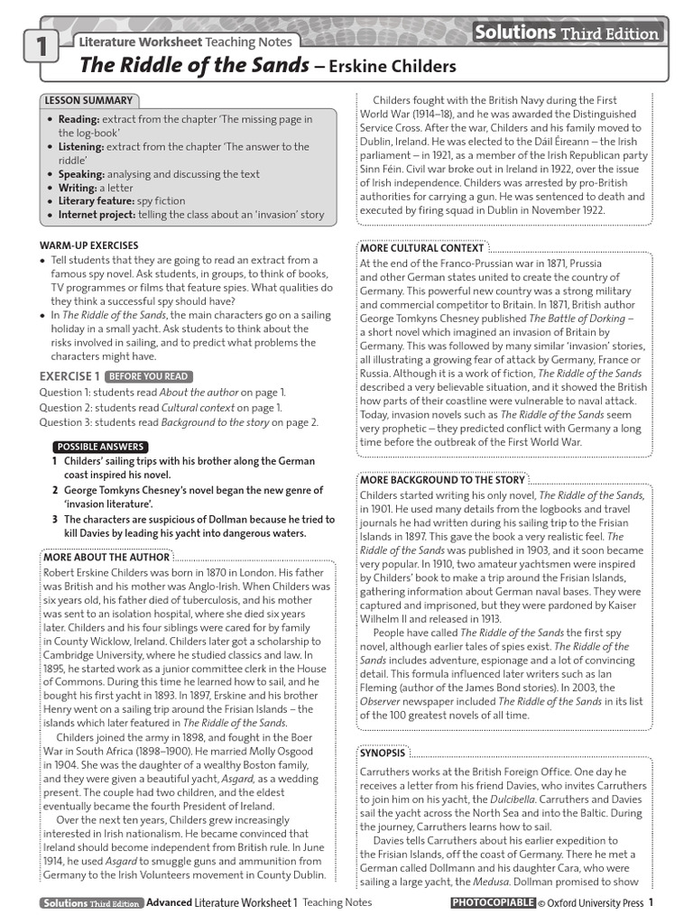 Solutions 3e Advanced TRD Teaching Notes For Literature Worksheets ...