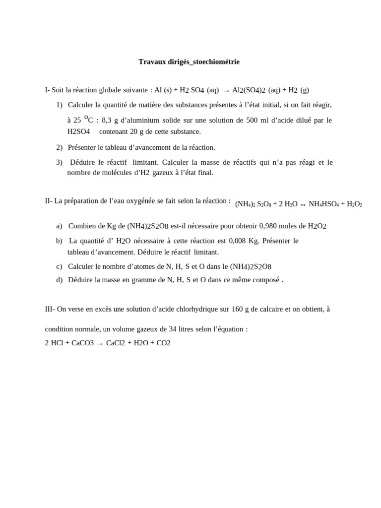 Calculs de stoechiométrie et réactions chimiques | PDF | Stœchiométrie ...