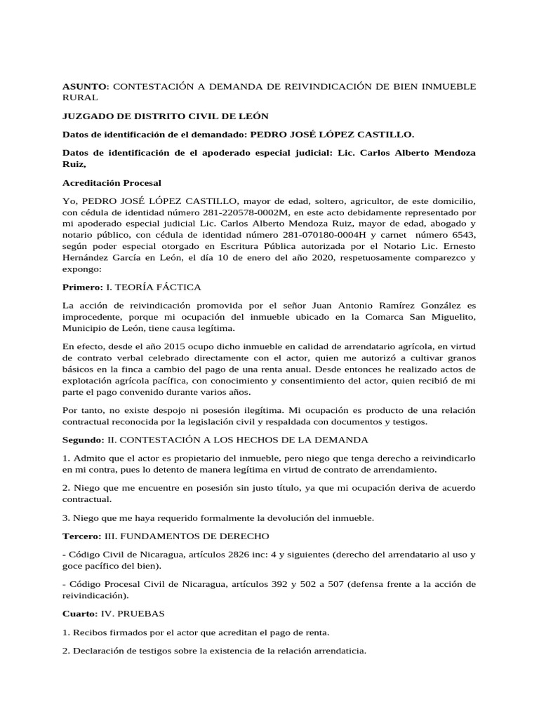 Contestación a Demanda de Reivindicación | PDF | Demanda judicial ...