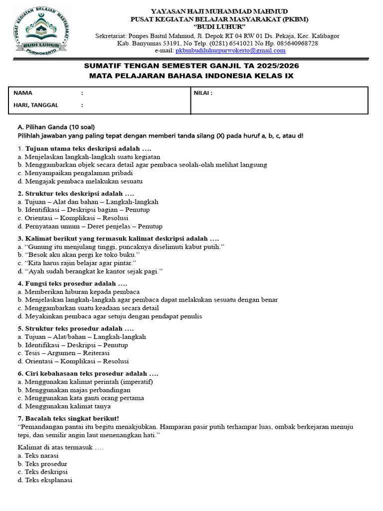 Soal Bahasa Indonesia Kelas IX PKBM Budi Luhur | PDF