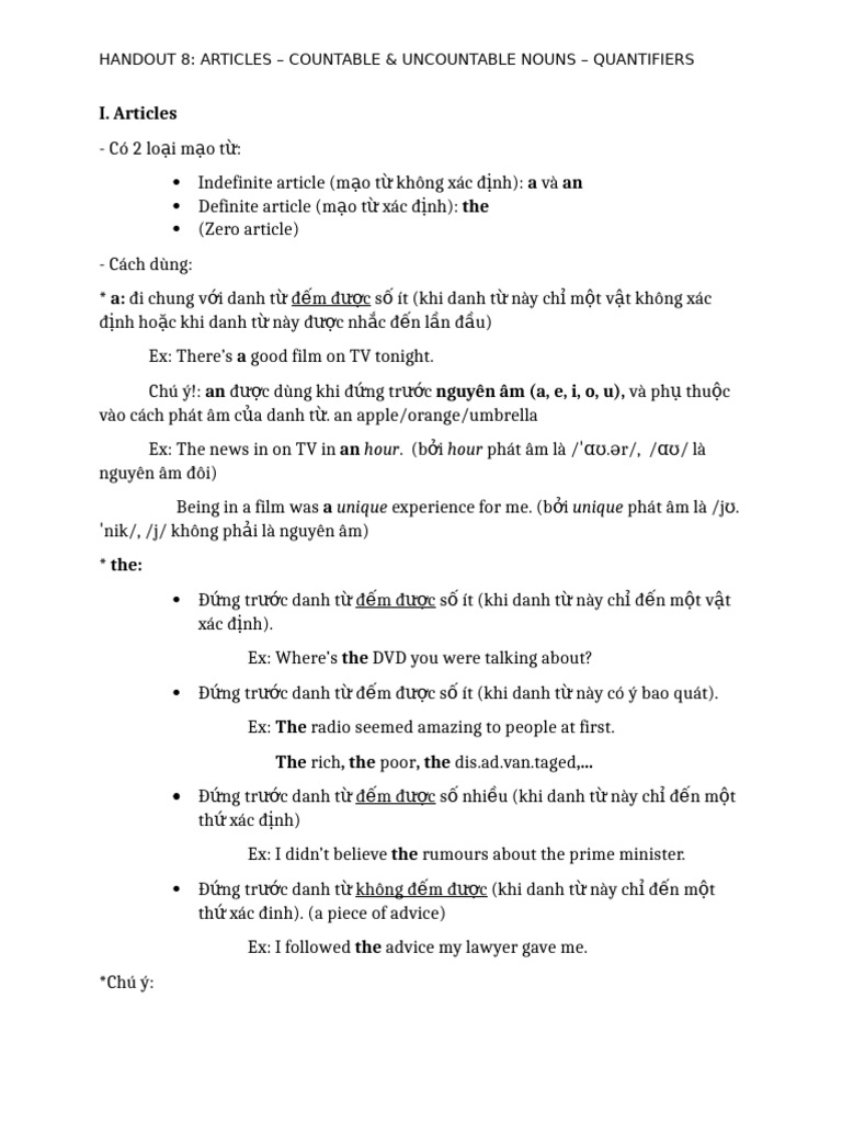Handout 8 Articles Countable and Uncountable Nouns Quantifiers | PDF