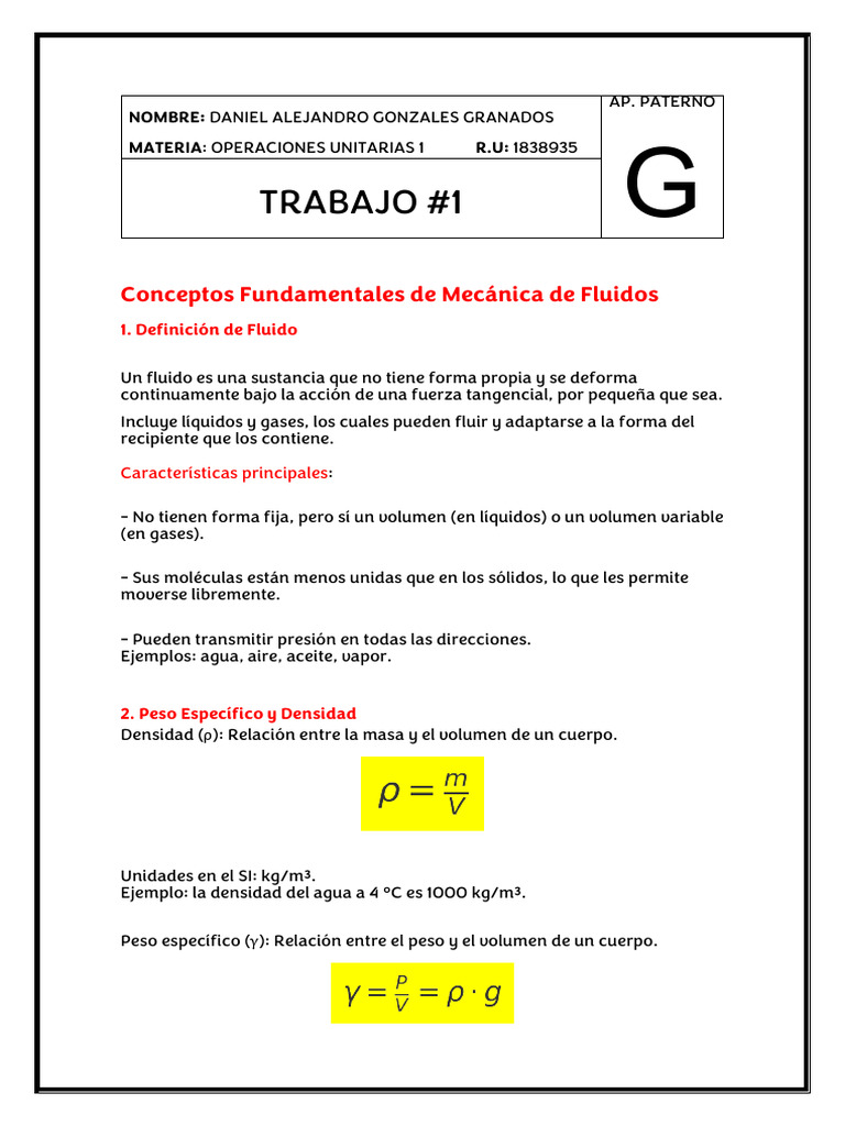 Conceptos Clave de Mecánica de Fluidos | PDF