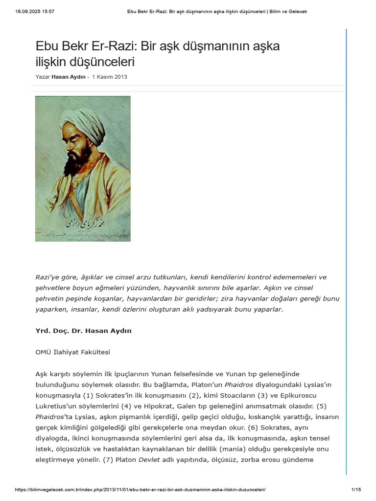 Ebu Bekr Er-Razi - Bir Aşk Düşmanının Aşka Ilişkin Düşünceleri - Bilim ...