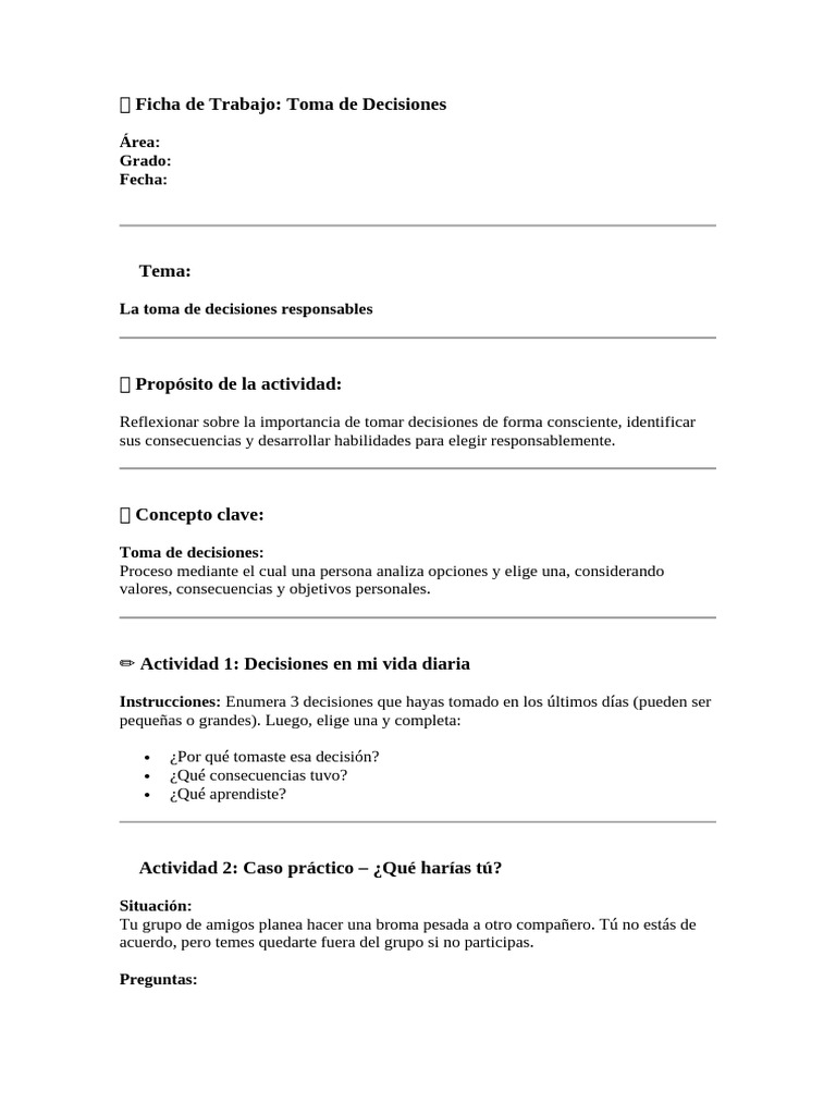 ? Ficha de Trabajo 5 DPCC 2025 La Autoestima | PDF | Toma de decisiones ...