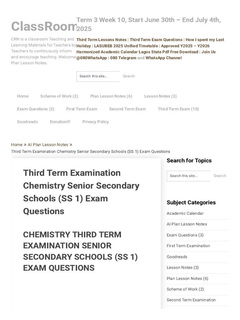 SS 1 Chemistry Third Term Exam Questions | PDF | Acid | Salt (Chemistry)