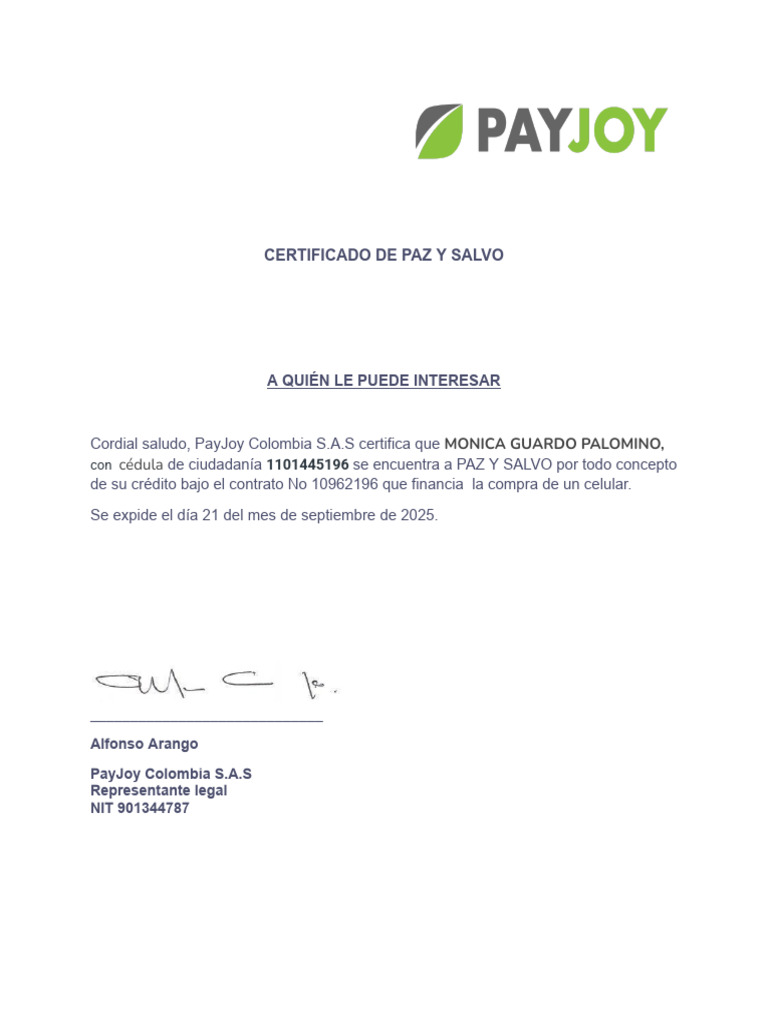 Certificado de Paz y Salvo PayJoy | PDF