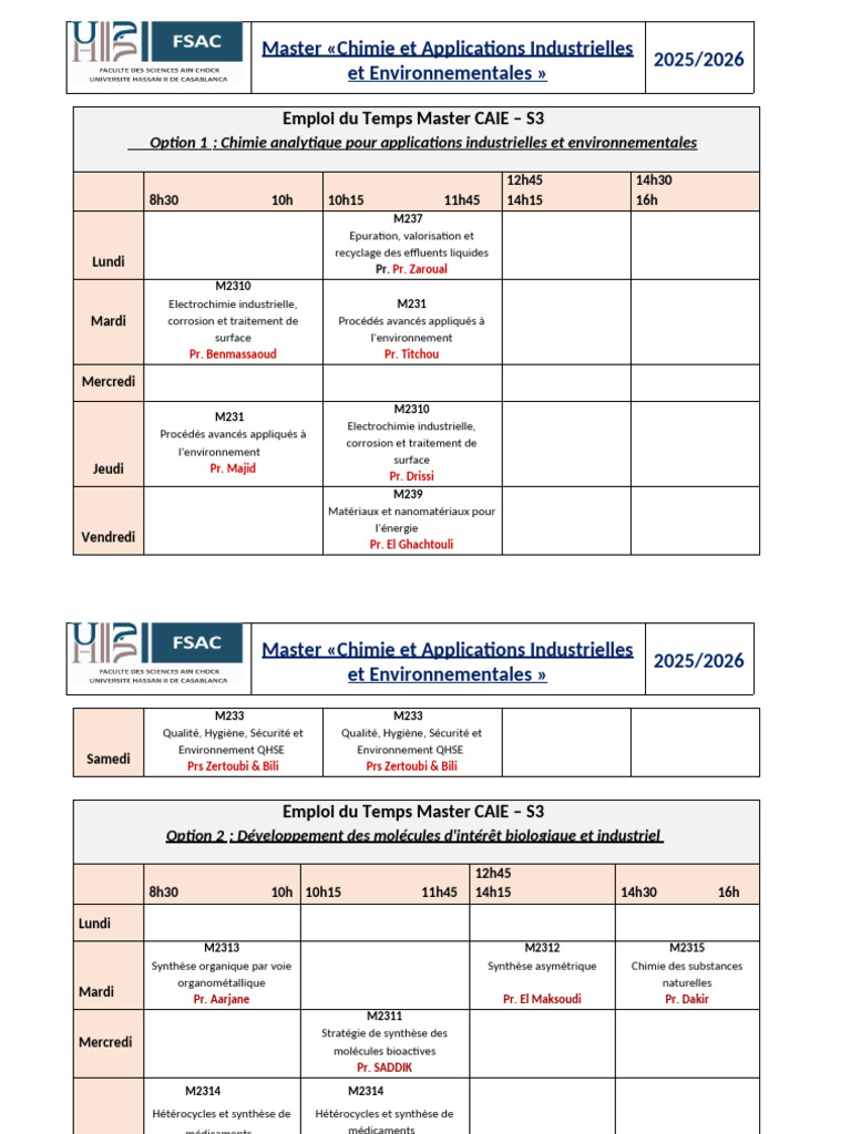 Emploi du Temps Master Chimie 2025/2026 | PDF | Chimie | Environnement ...