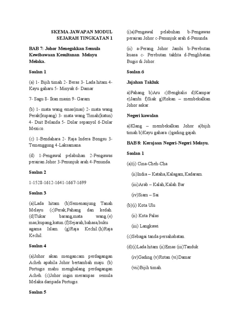Skema Jawapan Modul Sejarah Tingkatan 1 Pdf