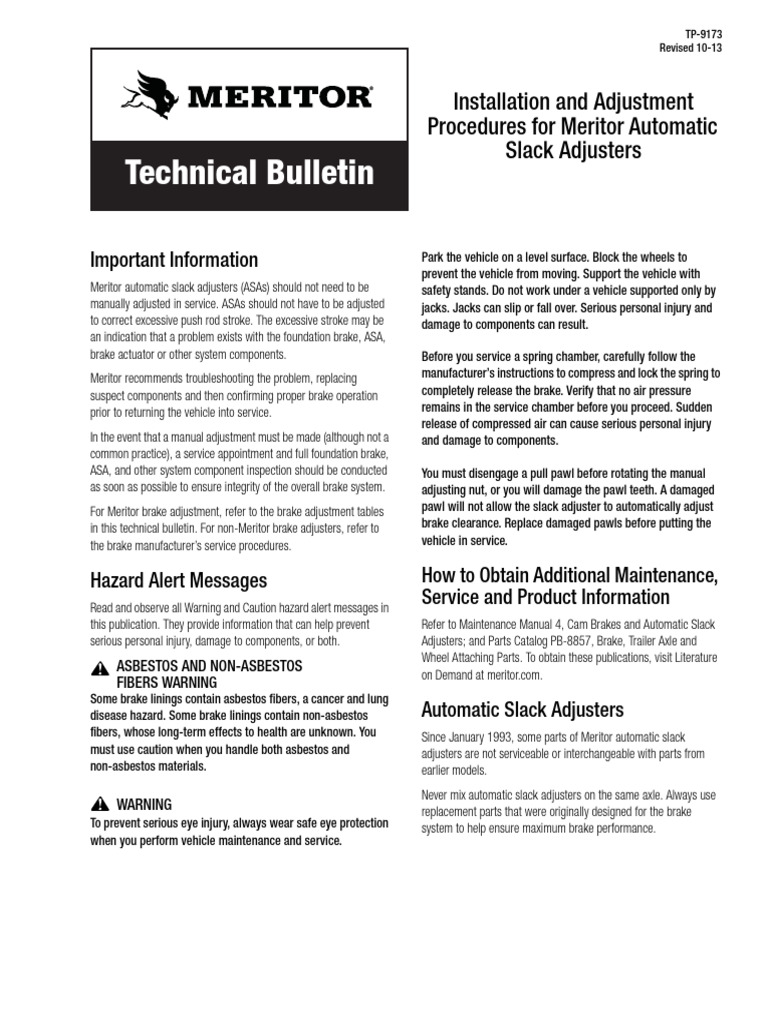 Meritor Automatic Slack Adjuster Guide | PDF | Mechanical Engineering ...