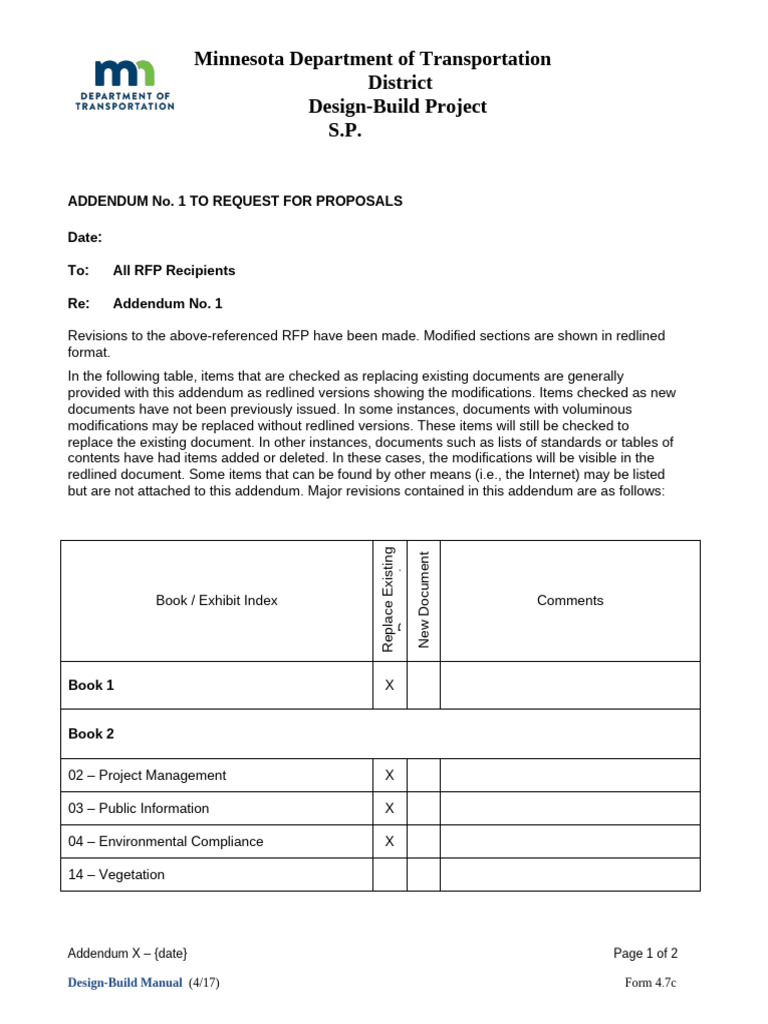 MnDOT Design-Build RFP Addendum 1 | PDF | Addendum