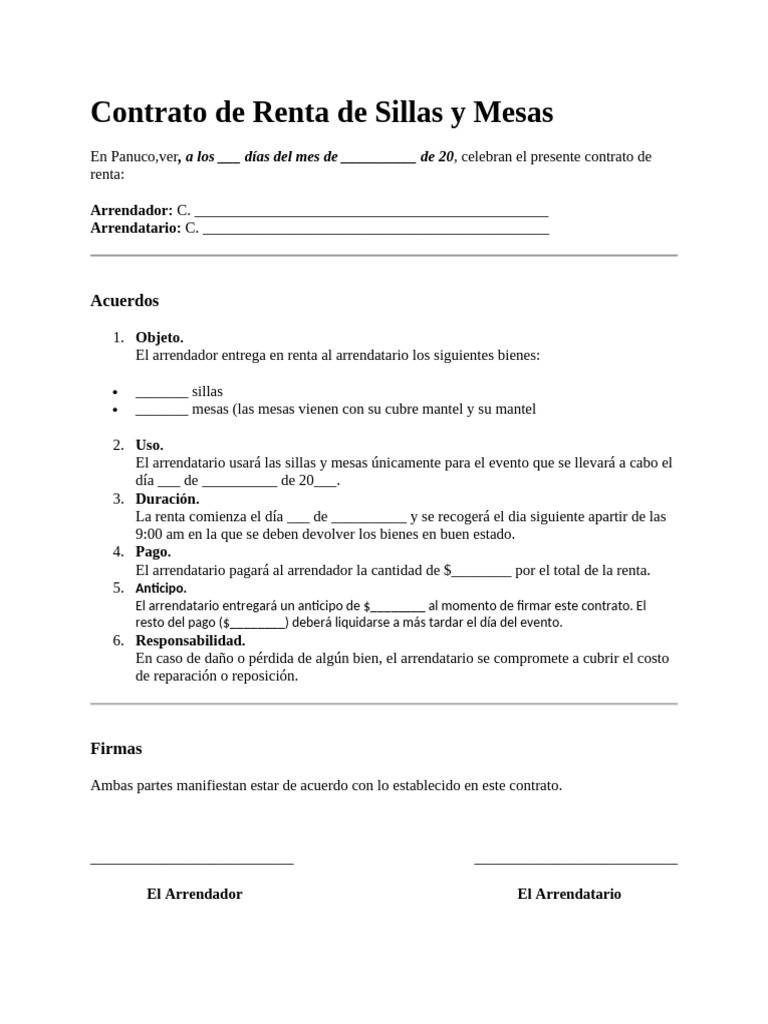 Contrato de Renta de Sillas y Mesas | PDF