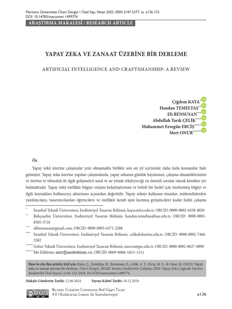 Yapay Zeka Ve Zanaat Üzerine Bir Derleme: Artificial Intelligence and ...