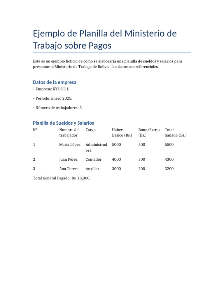 Ejemplo Planilla Pagos MinTrabajo | PDF