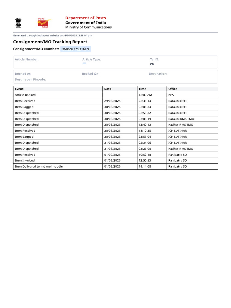 India Post Consignment Tracking Report | PDF