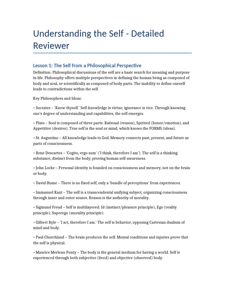 Understanding The Self Reviewer Detailed | PDF | Philosophy Of Self | Self