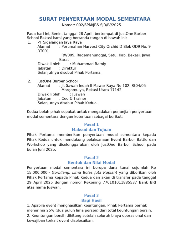 Surat Penyertaan Modal Sementara | PDF