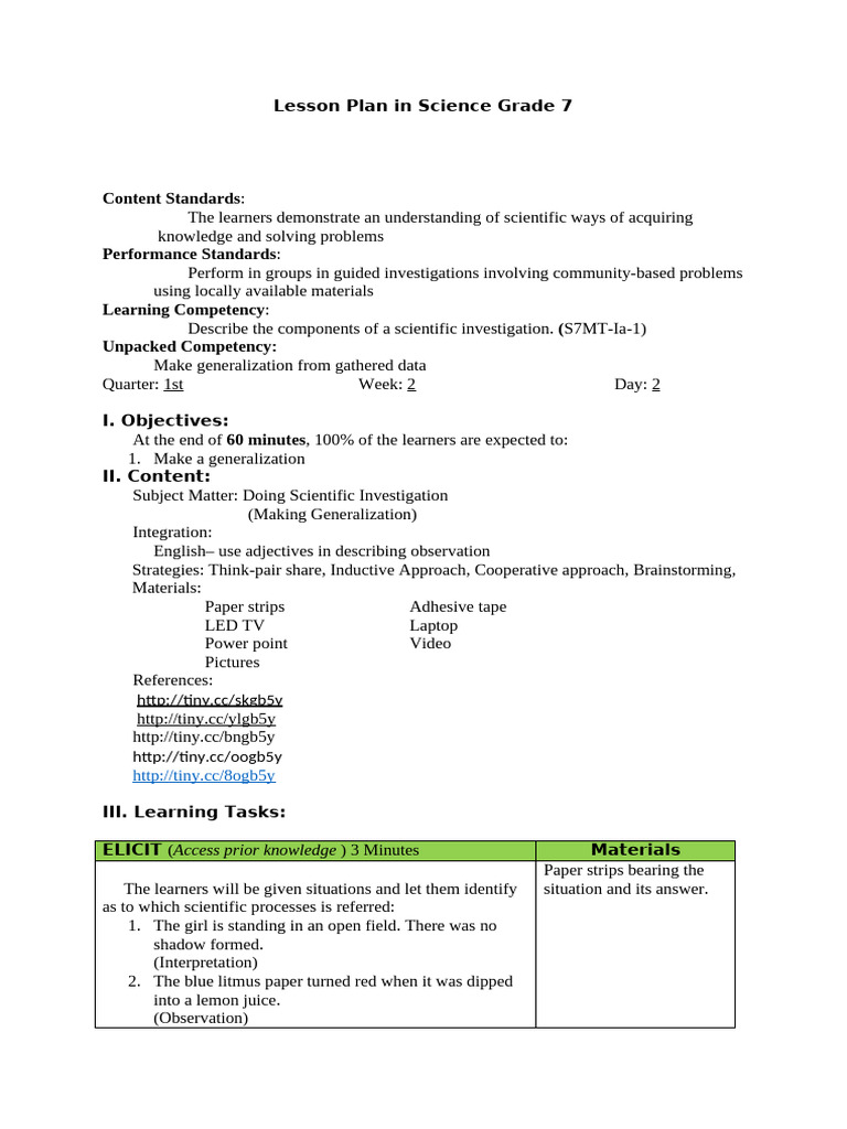 Grade 7 Science Lesson Plan: Investigations | PDF | Scientific Method ...