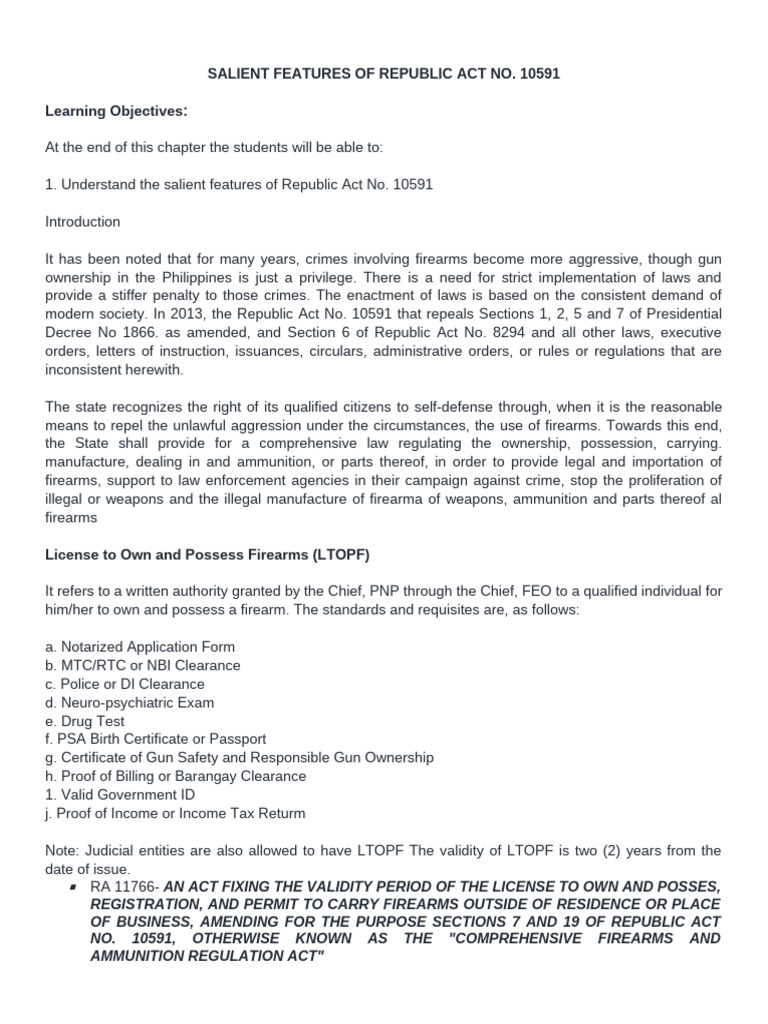 Chapter 1 SALIENT FEATURES OF REPUBLIC ACT NO 10591 | PDF | Semi ...