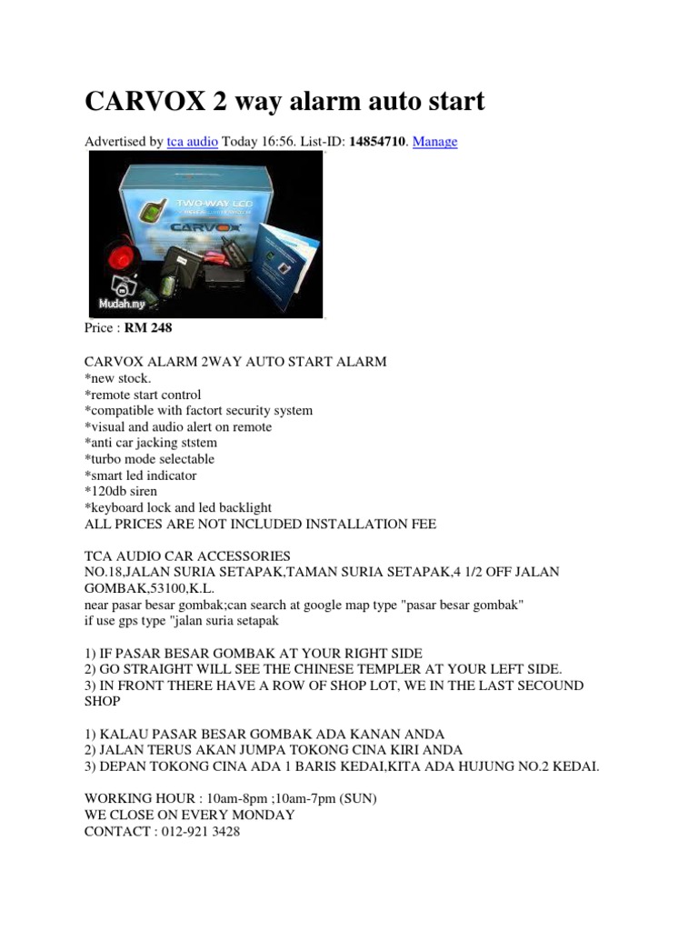 CARVOX 2 Way Alarm Auto Start PDF Computing And Information Technology