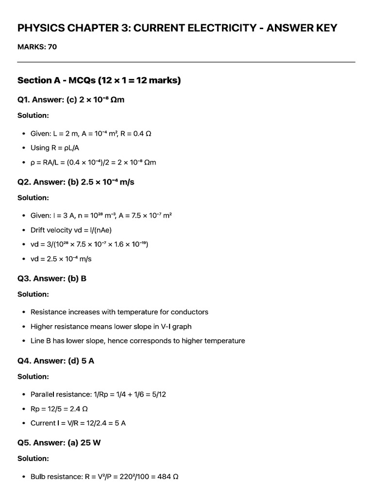 Chapter 3 Current Electricity Answer Key | PDF