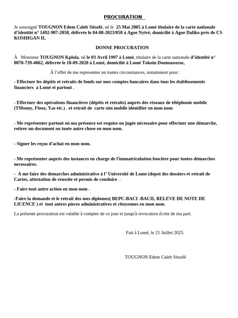 Modèle de procuration à Lomé | PDF