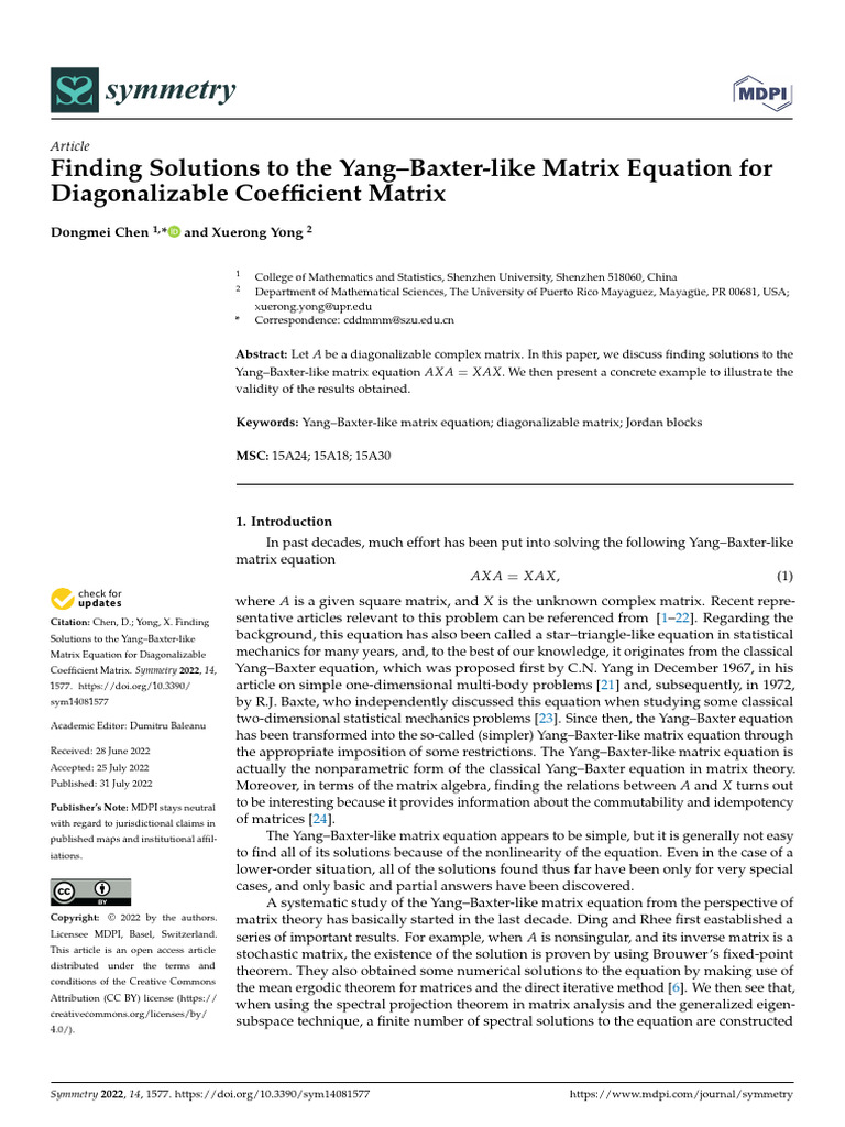 Solutions to Yang-Baxter Matrix Equation | PDF | Eigenvalues And ...