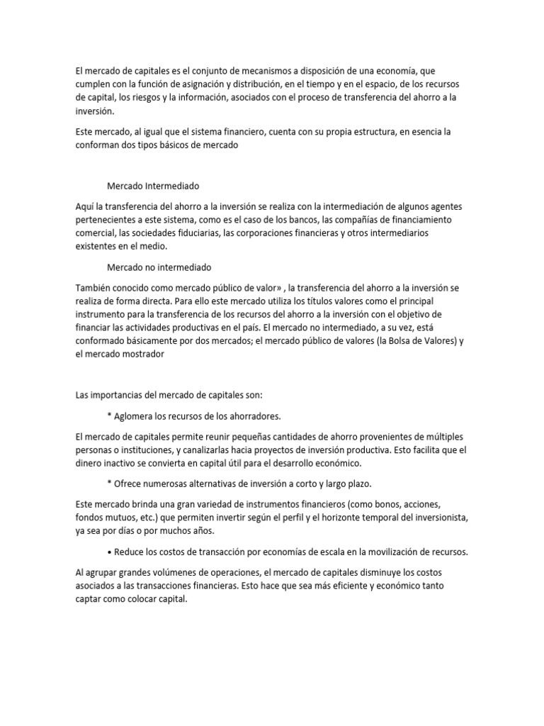 Importancia del Mercado de Capitales | PDF | Inversiones | Mercado ...