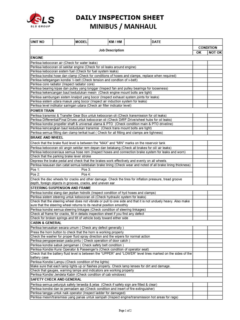 SLS-Is-2021-8 Daily Inspection Sheet MiniBus, Manhaul | PDF | Belt ...
