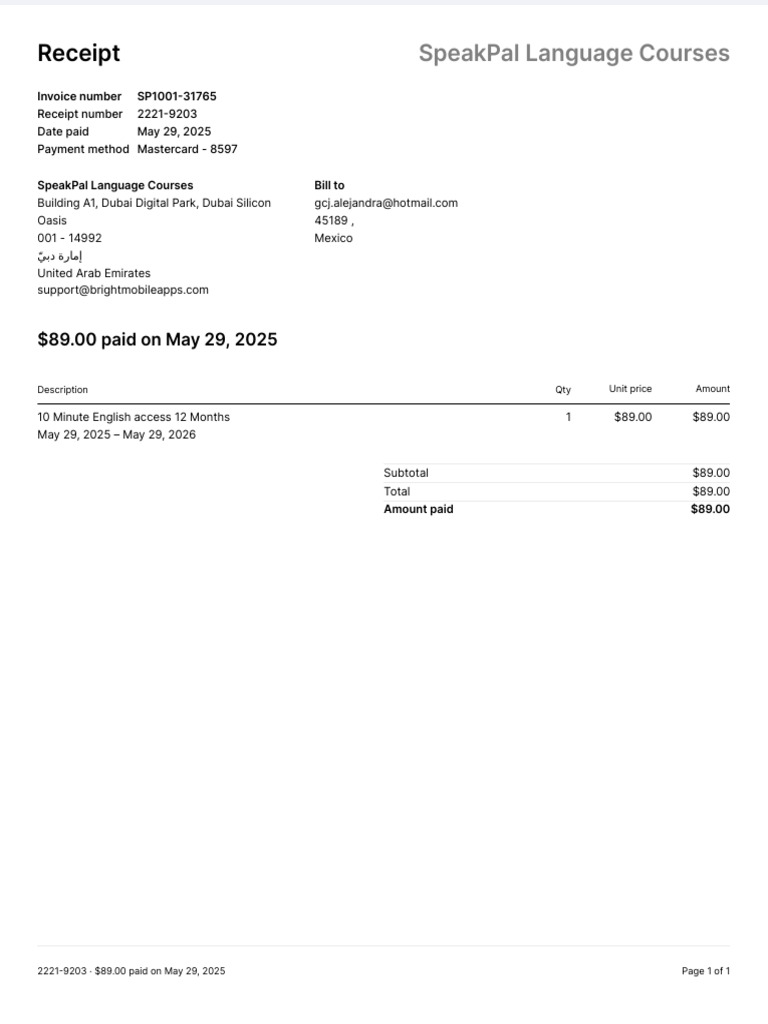 SpeakPal Language Course Receipt | PDF