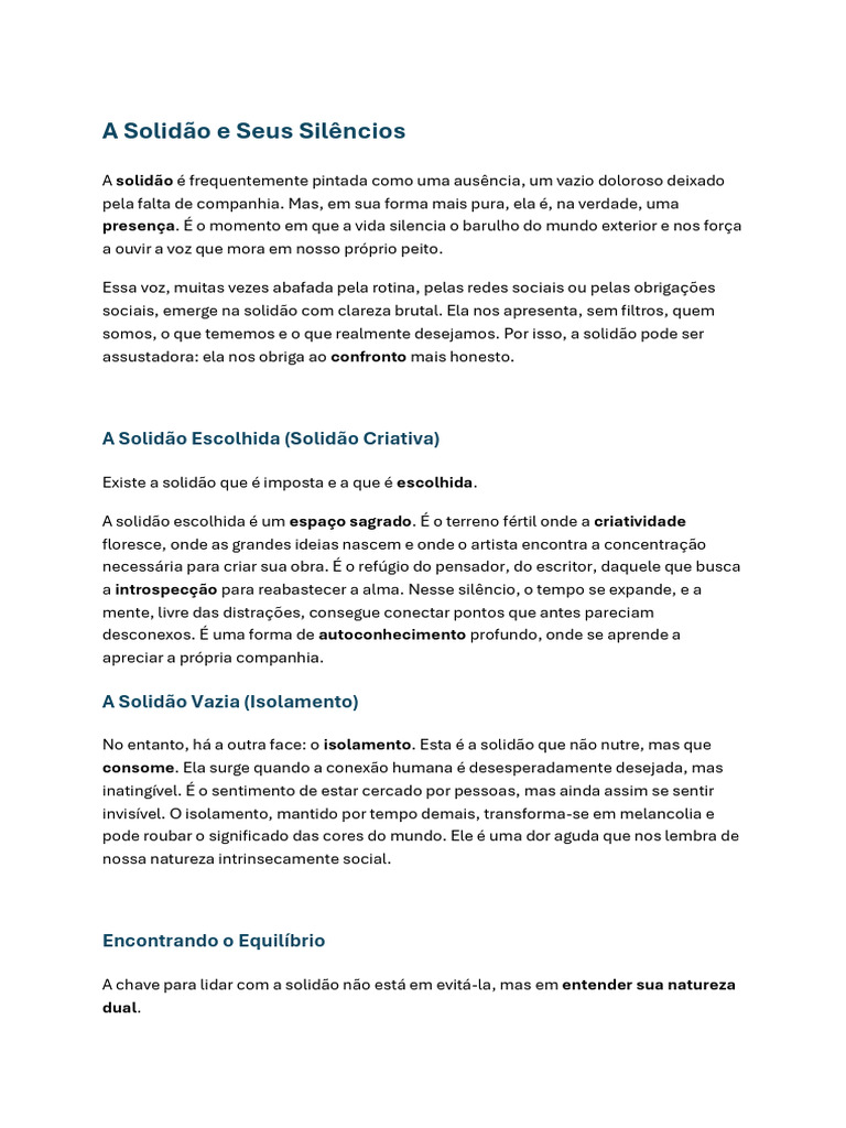 A Dualidade da Solidão: Reflexões e Crescimento | PDF | Solidão ...