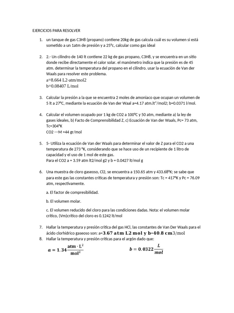 Ejercicios de Gases Ideales y Van der Waals | PDF