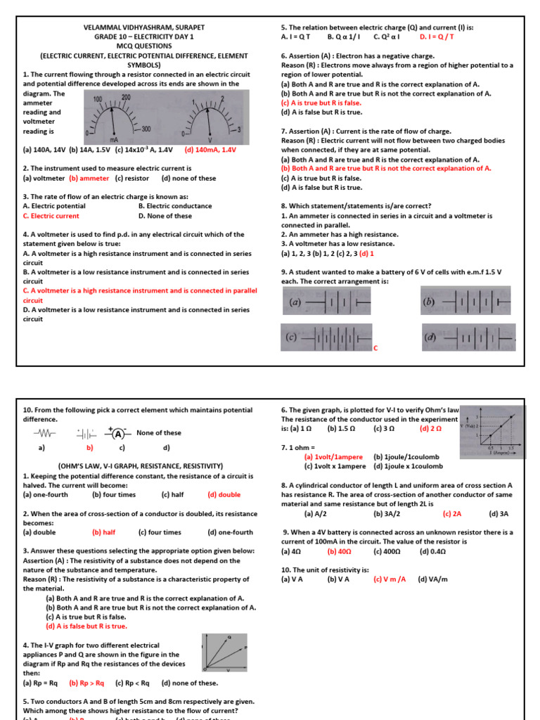 Grade 10 Electricity MCQ Questions | PDF | Series And Parallel Circuits ...