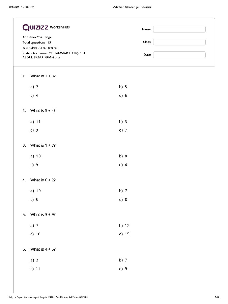 Addition Challenge Worksheet for Kids | PDF | Chess | Chess Theory