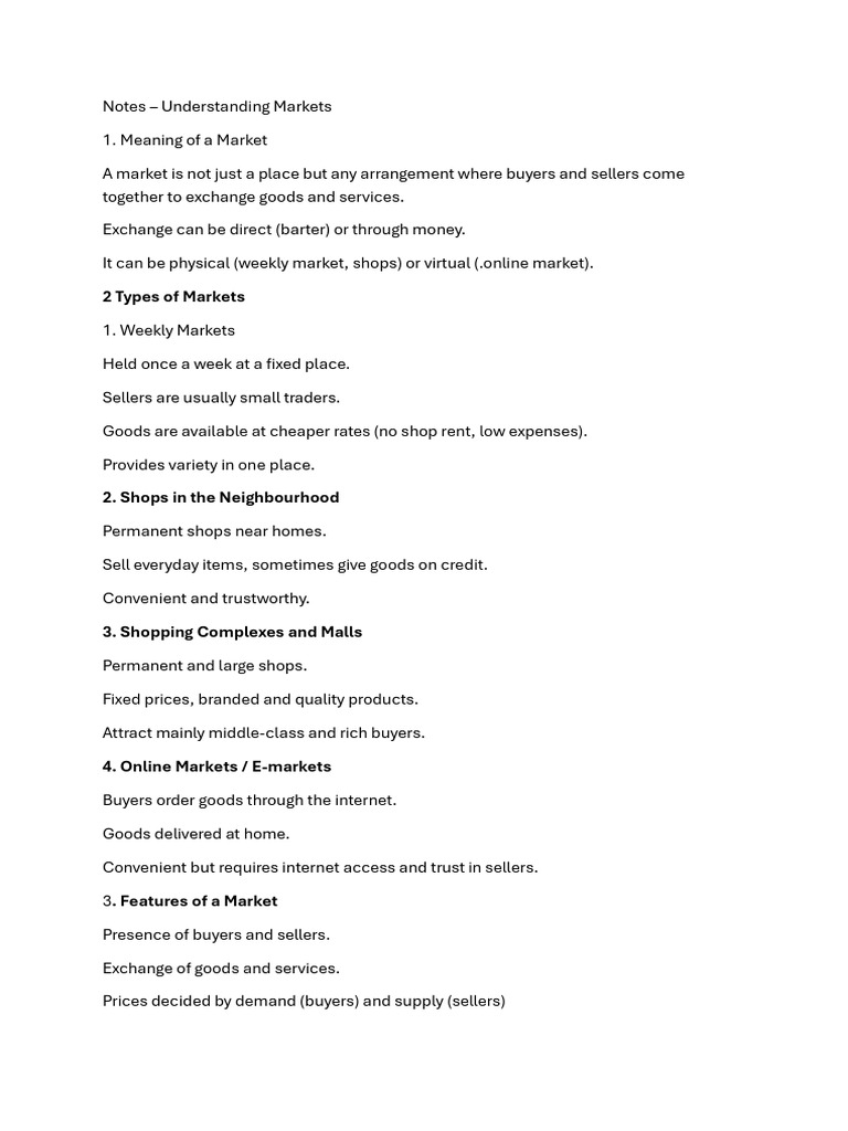 Class 7 Notes on Understanding Markets | PDF