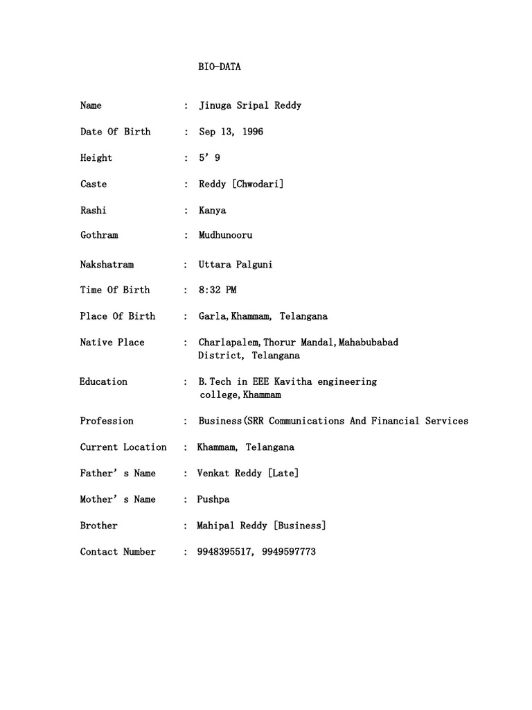 Jinuga Sripal Reddy Bio-Data Summary | PDF
