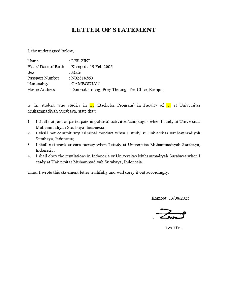 Letter of Statement Les Ziki | PDF