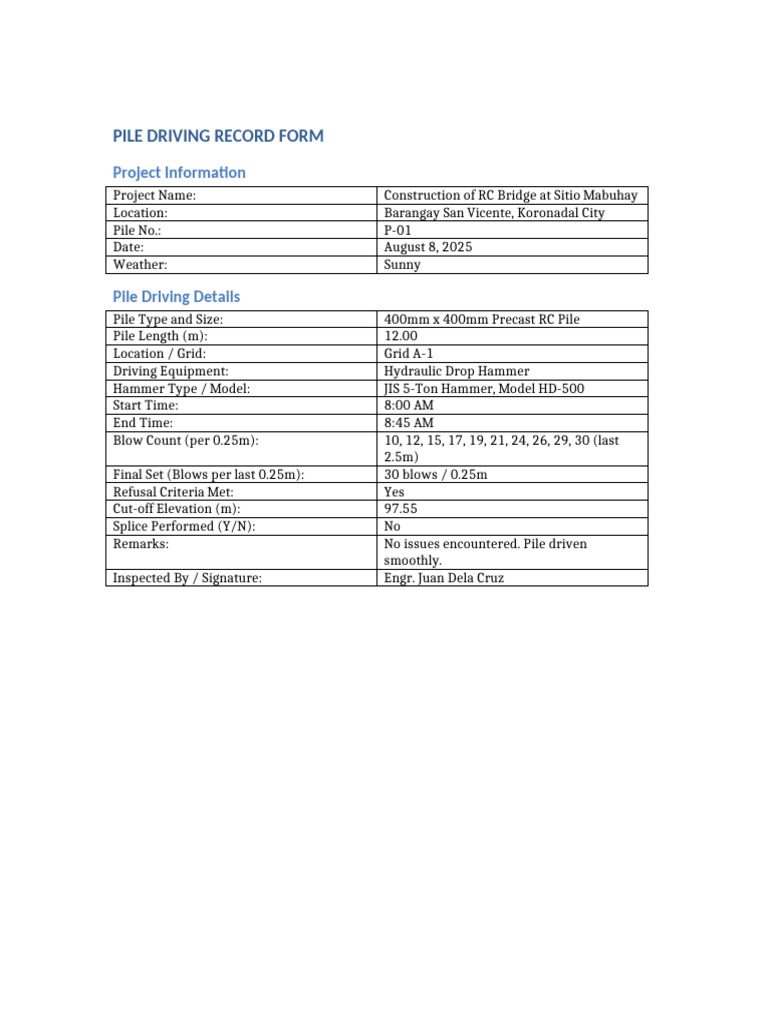 Sample Pile Driving Record Pdf