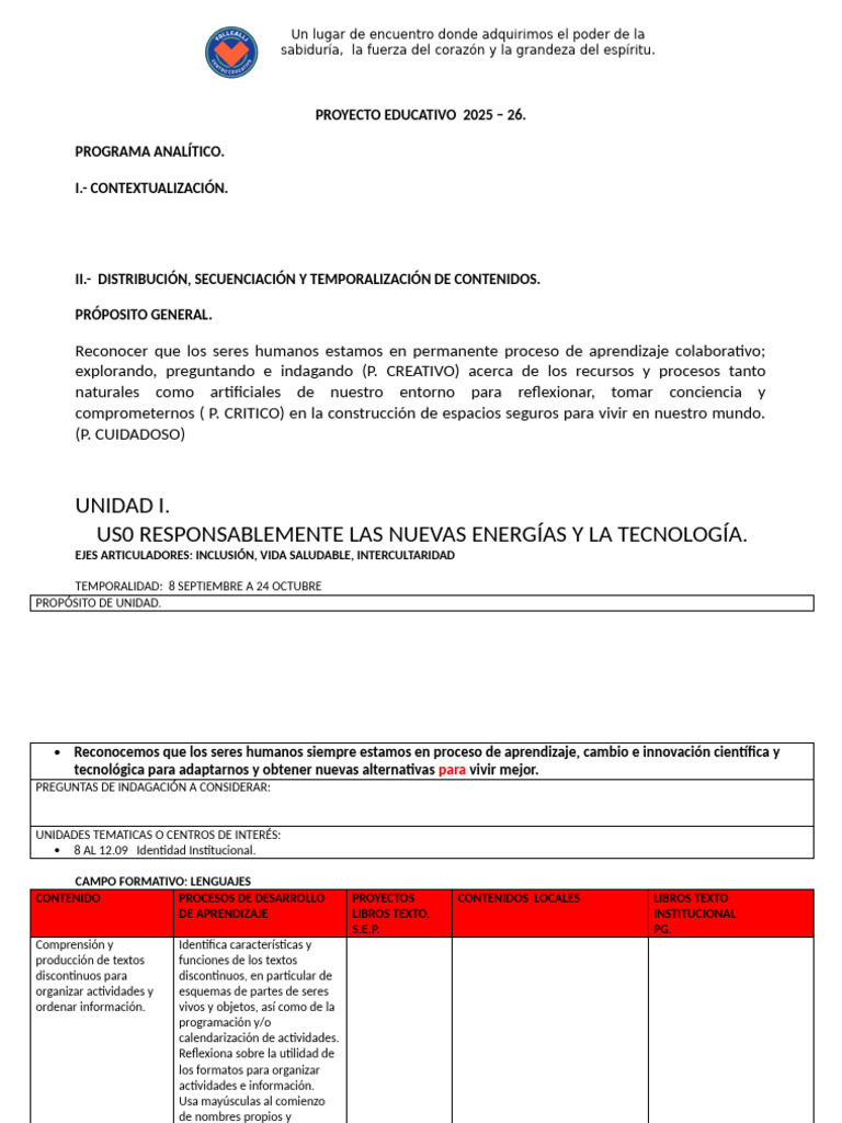 Proyecto Educativo 2025-26: Contenidos y Metodología | PDF | Entorno ...