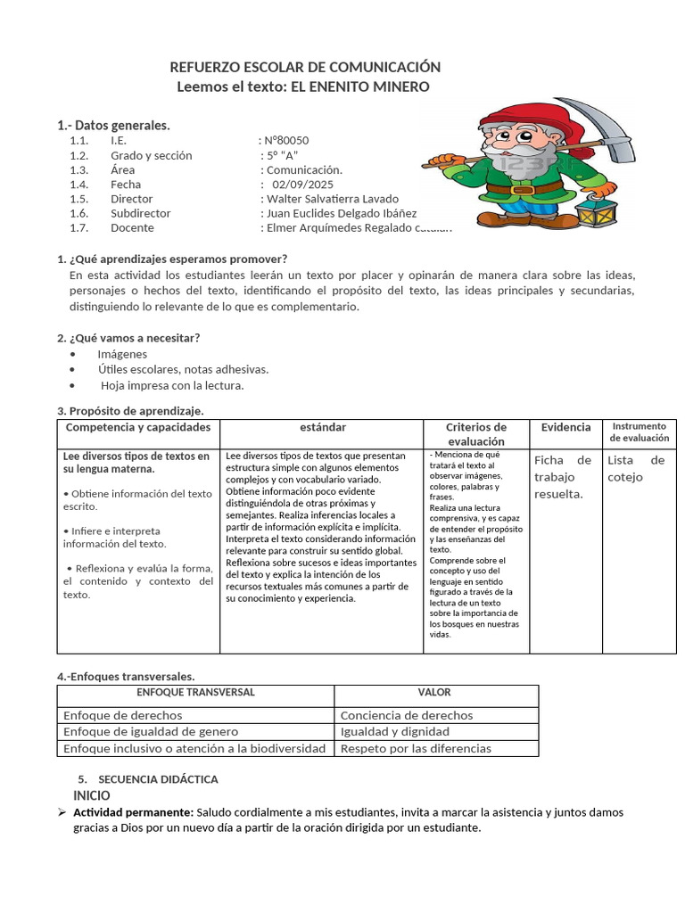 Actividad de Refuerzo-El Enanito Minero | PDF | Información | Aprendizaje