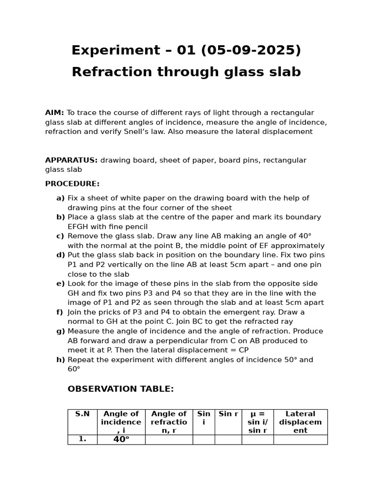 Refraction Experiment with Glass Slab | PDF