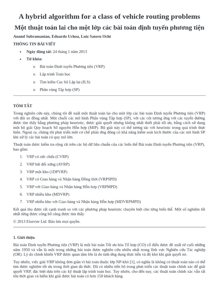 Bản dịch - A hybrid algorithm for a class of vehicle routing problems | PDF