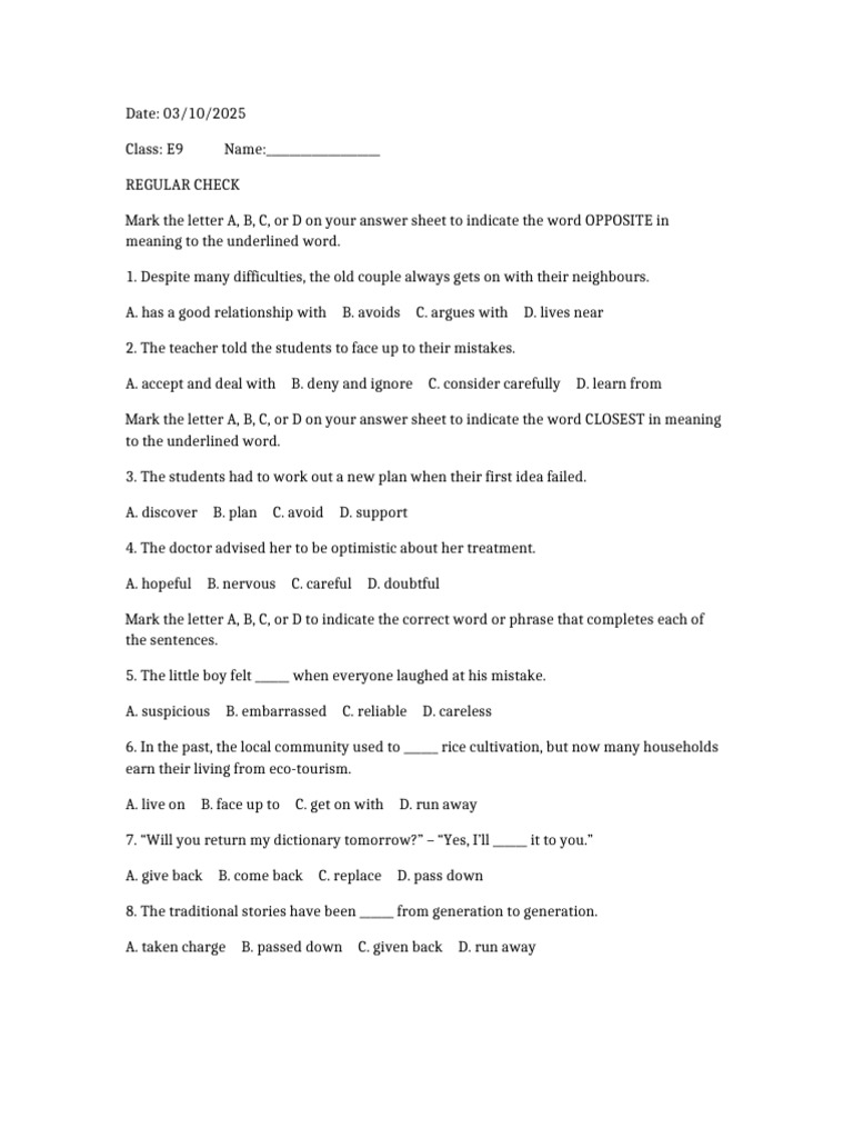 Vocabulary and Grammar Practice Test | PDF