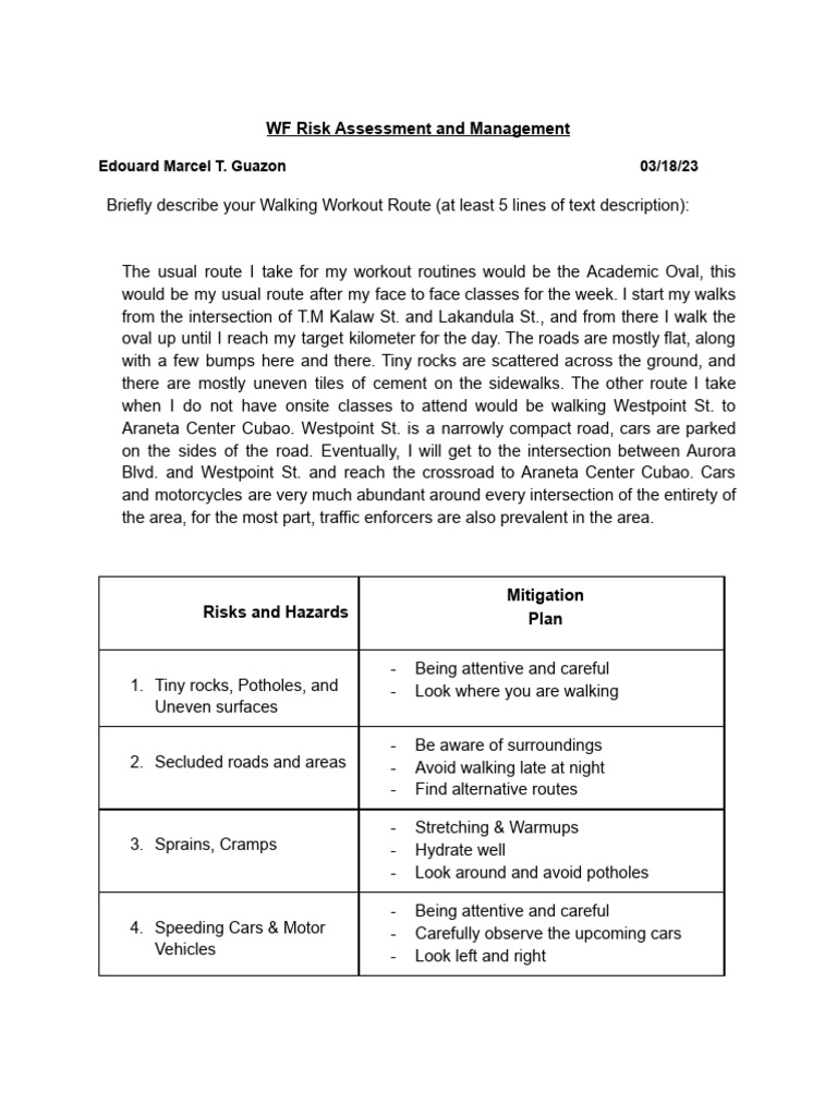 Walking Workout Risk Assessment Guide | PDF | Land Transport | Road ...