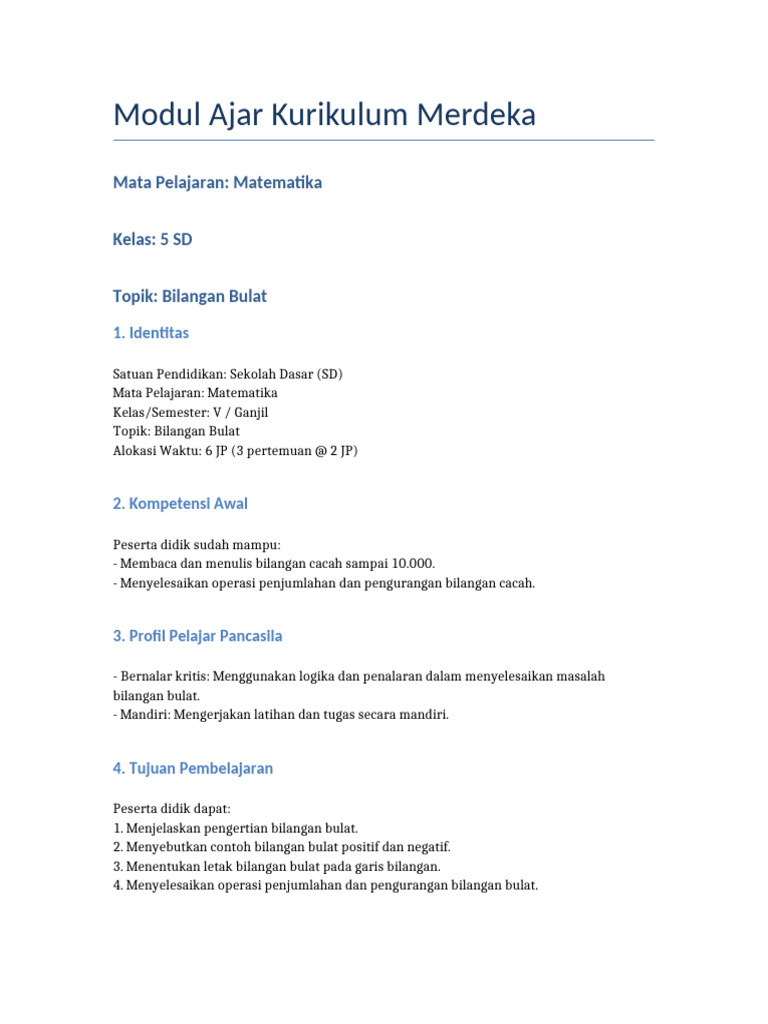 Modul Ajar Matematika Bilangan Bulat Kelas 5 SD | PDF