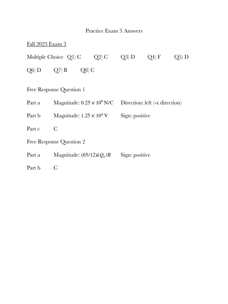 Exam 3 Answer Key: Fall 2023 to 2025 | PDF