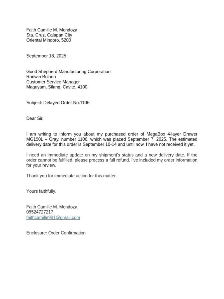 Delayed Order Inquiry for MegaBox Drawer | PDF