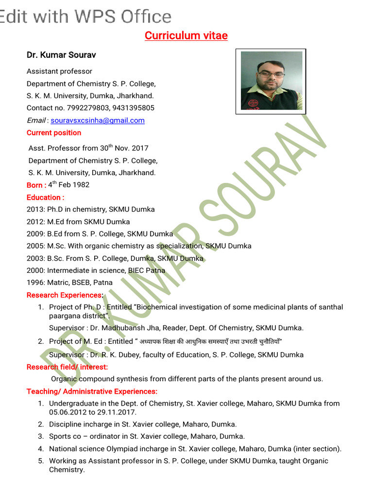 Dr. Kumar Sourav - Chemistry CV | PDF | Science
