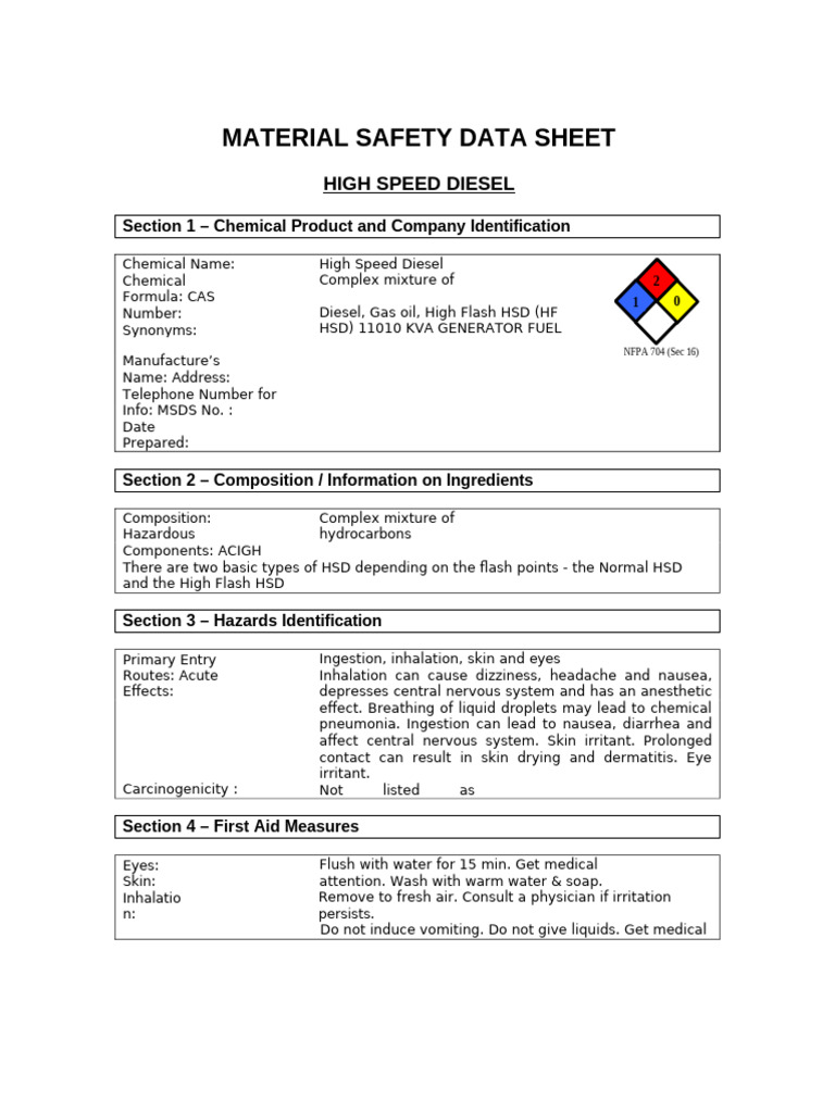 High Speed Diesel MSDS Overview | PDF | Combustion