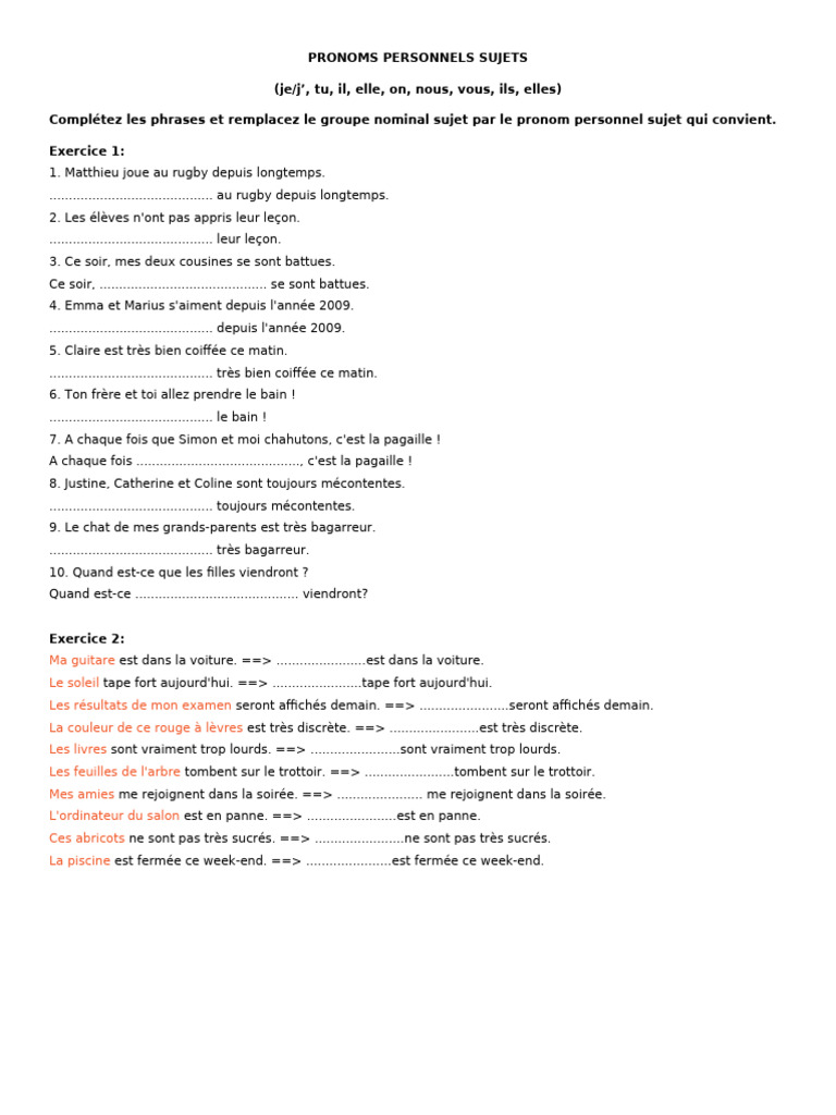 Exercices sur les pronoms personnels sujets | PDF