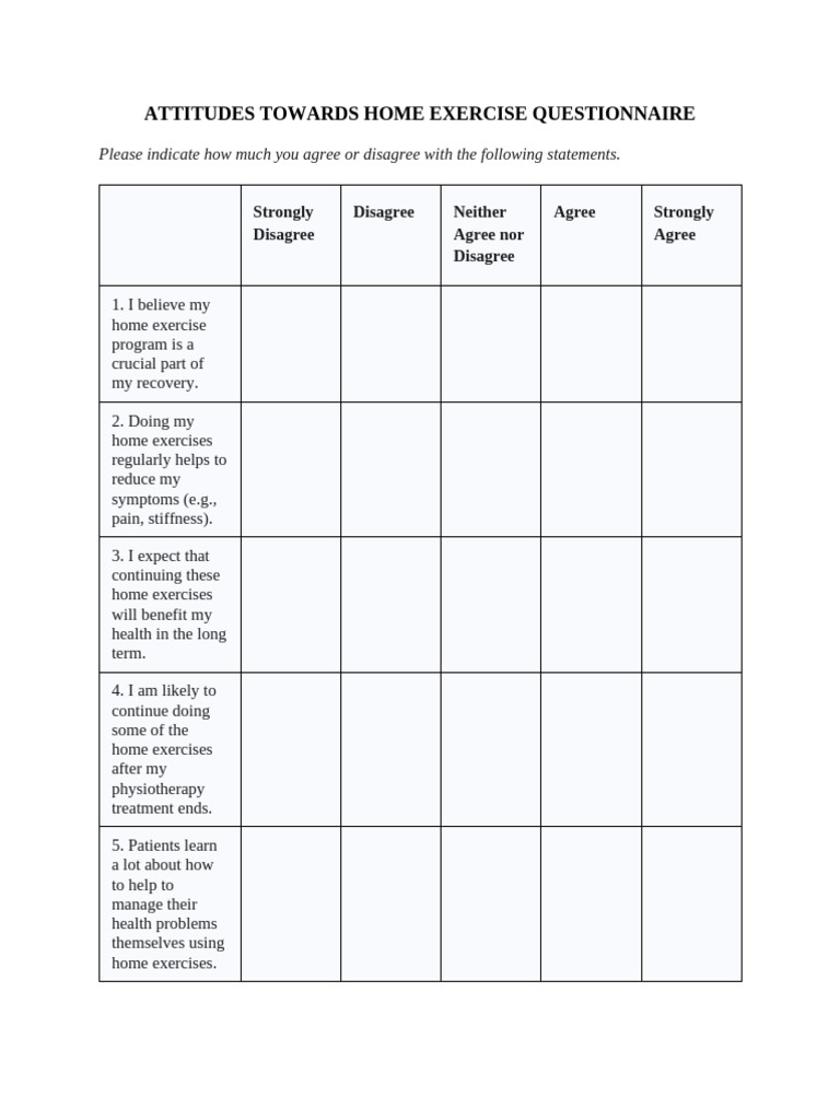 Attitudes Towards Home Exercise Questionnaire | PDF
